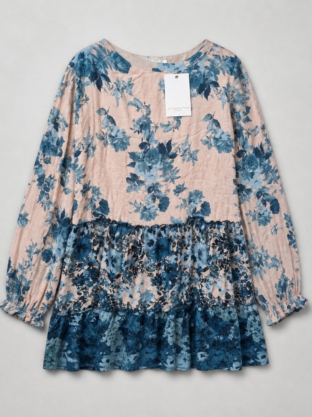 Girls Floral Tiered Long-Sleeve Dress - Blue on Pink